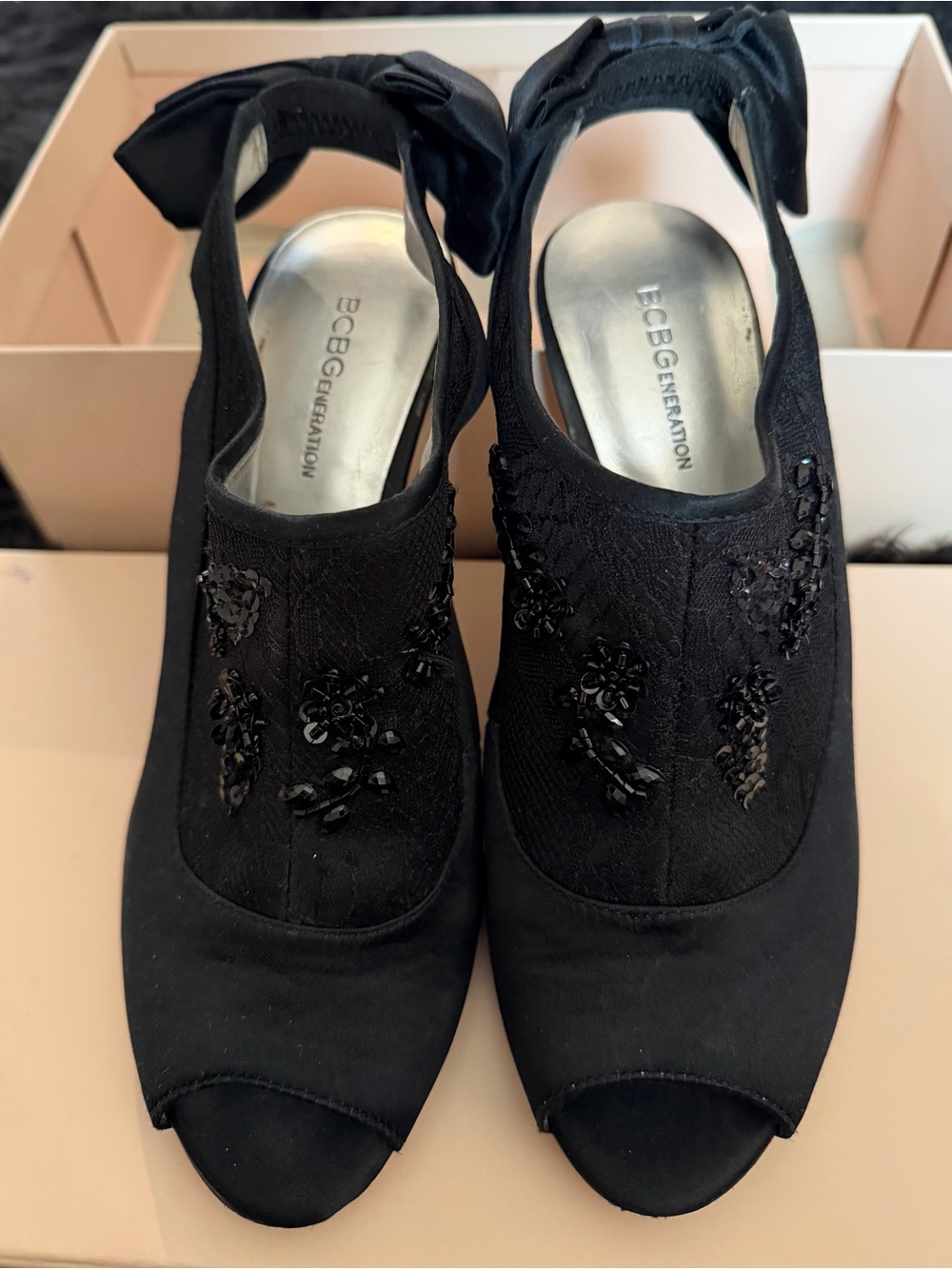 BCBGeneration Black Beaded Peep-Toe Slingback Heels